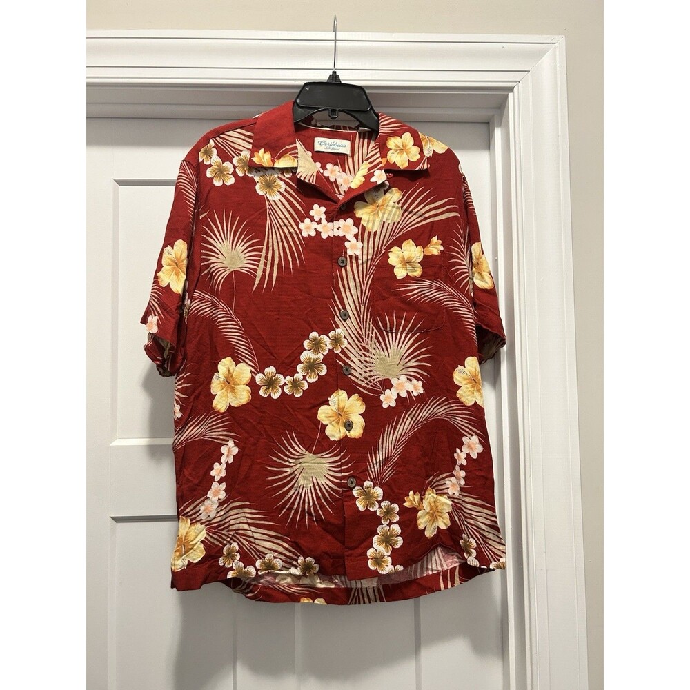 Caribbean Red Shirt Men Medium Red Hawaiian Floral Hibiscus Short Sleeve Aloha